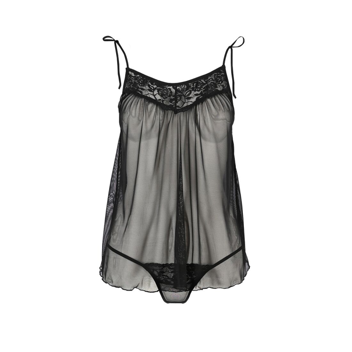 Сорочка прозора бебі-дол Passion MELANIA CHEMISE L/XL, black, трусики, на тонких бретелях