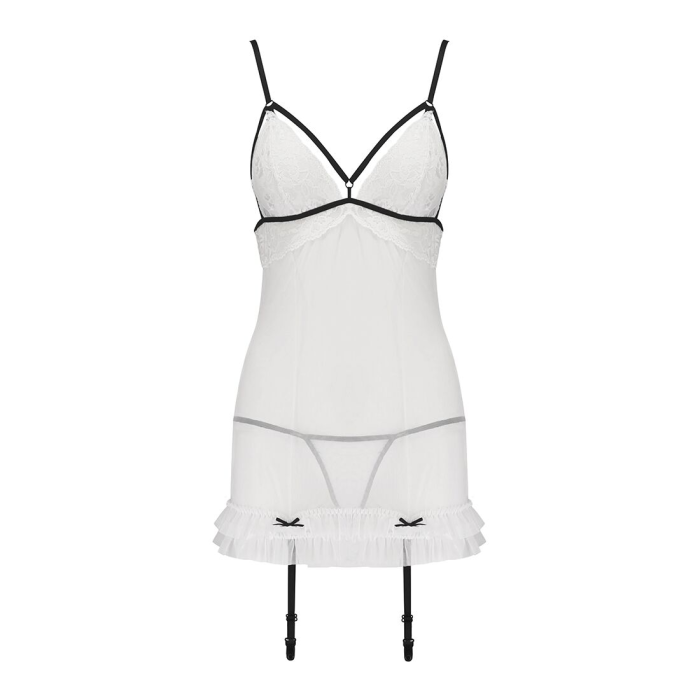 Сорочка прозора з пажами Passion ORIHIME CHEMISE L/XL, white, трусики, стрепи