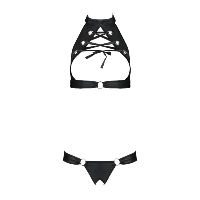 Комплект із екошкіри Passion MALWIA SET with Open Bra 4XL/5XL black, топ та трусики з люверсами