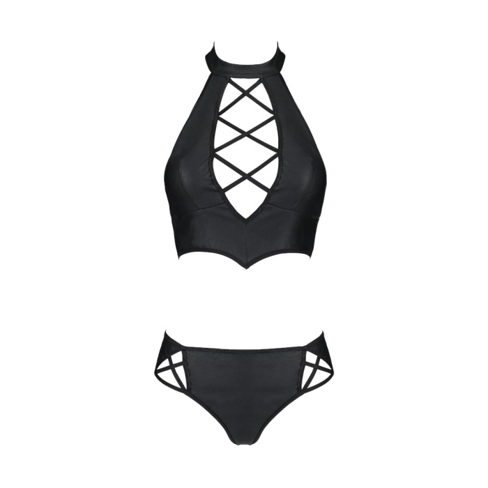 Комплект з екошкіри Passion NANCY BIKINI 4XL/5XL black, бра та трусики з імітацією шнурівки