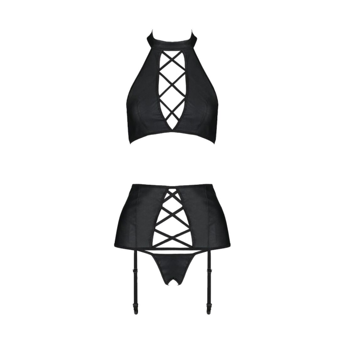 Комплект з екошкіри Passion NANCY SET 4XL/5XL black, імітація шнурівки, топ, пояс для панчіх
