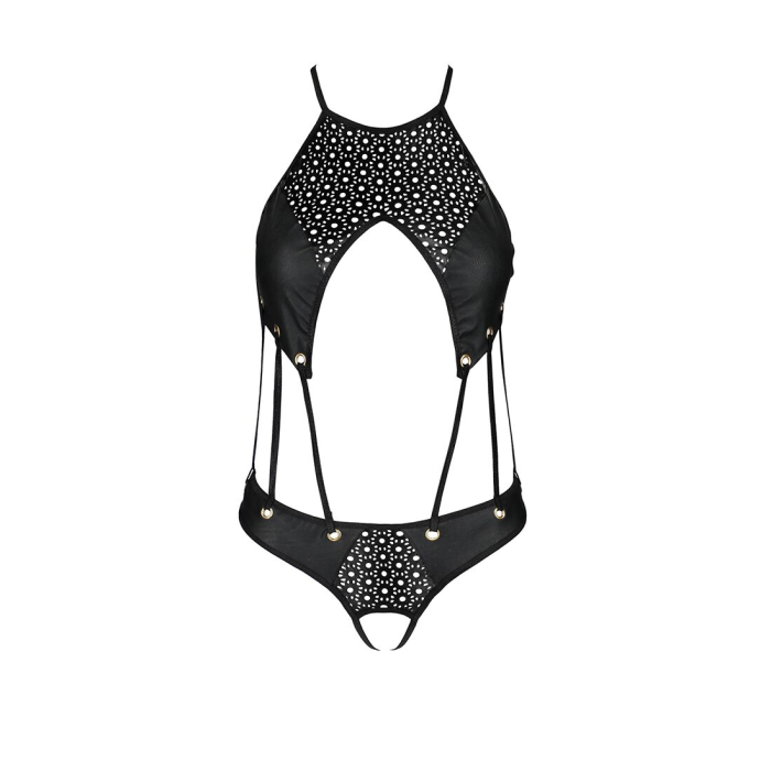 Боді з відкритим доступом Passion TASMINA BODY S/M, black, екошкіра, шнурівки, ажурні мережива