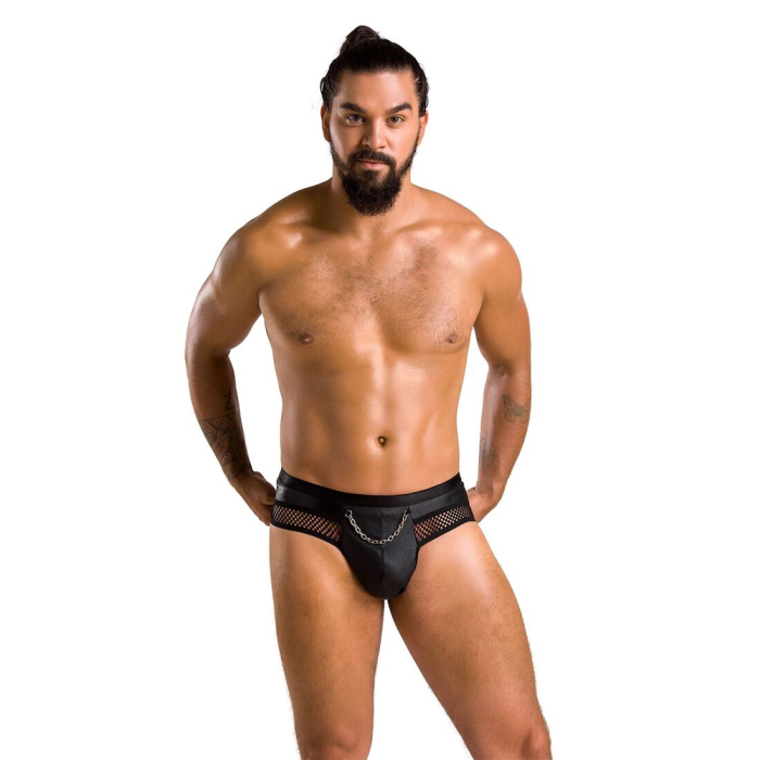 Чоловічі труси з ланцюжком Passion 030 SLIP TOM XXL/XXXL Black, екошкіра, відкриті сідниці