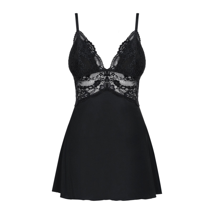 Сатиновий пеньюар з мереживом Obsessive 810-BAB-1 babydoll & thong L/XL, чорний, пеньюар, танга