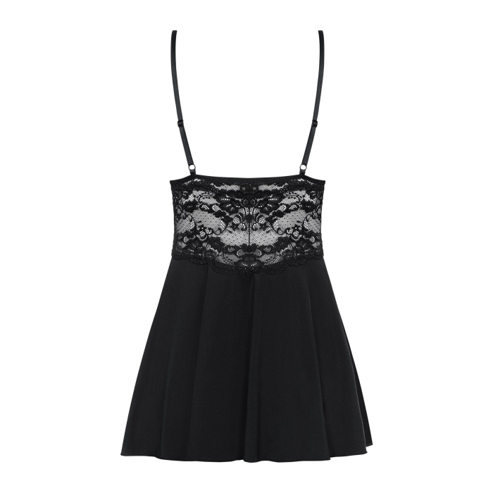 Сатиновий пеньюар з мереживом Obsessive 810-BAB-1 babydoll & thong L/XL, чорний, пеньюар, танга