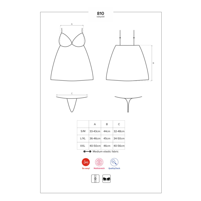 Сатиновий пеньюар з мереживом Obsessive 810-BAB-1 babydoll & thong L/XL, чорний, пеньюар, танга