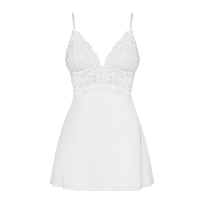 Сатиновий пеньюар з мереживом Obsessive 810-BAB-2 babydoll & thong L/XL, білий, пеньюар, танга