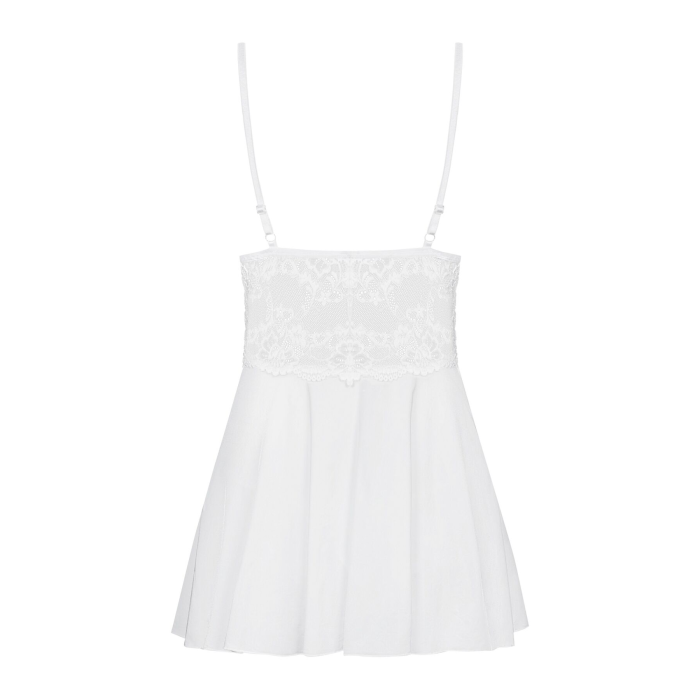 Сатиновий пеньюар з мереживом Obsessive 810-BAB-2 babydoll & thong L/XL, білий, пеньюар, танга