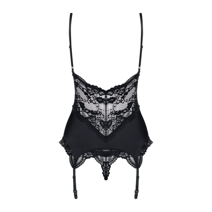 Сатиновий мереживний корсет Obsessive 810-COR-1 babydoll & thong S/M, чорний, корсет, танга