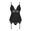 Сатиновий мереживний корсет Obsessive 810-COR-1 babydoll & thong L/XL, чорний, корсет, танга