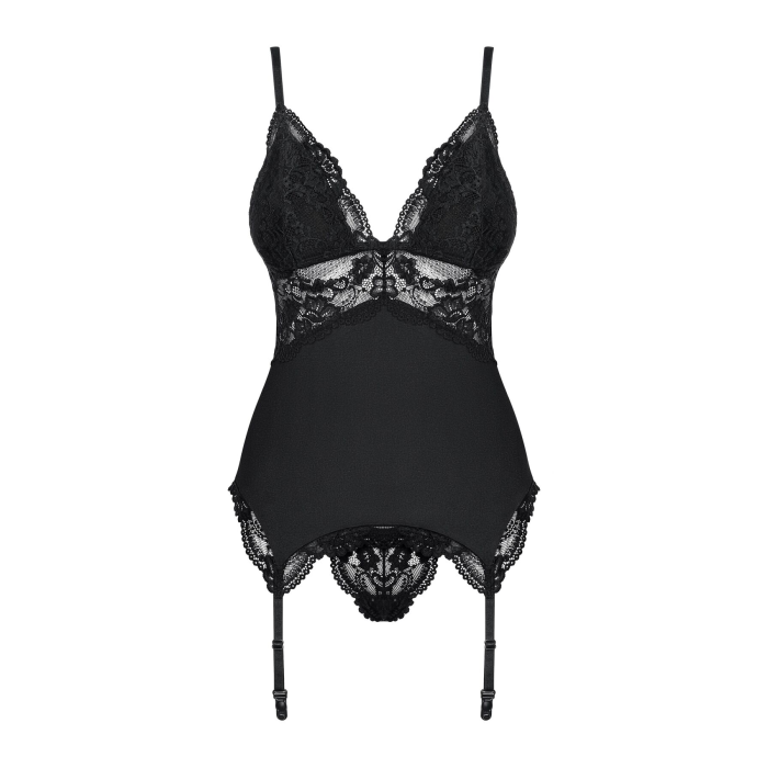 Сатиновий мереживний корсет Obsessive 810-COR-1 babydoll & thong L/XL, чорний, корсет, танга