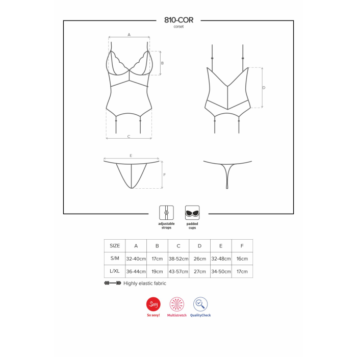 Сатиновий мереживний корсет Obsessive 810-COR-1 babydoll & thong L/XL, чорний, корсет, танга