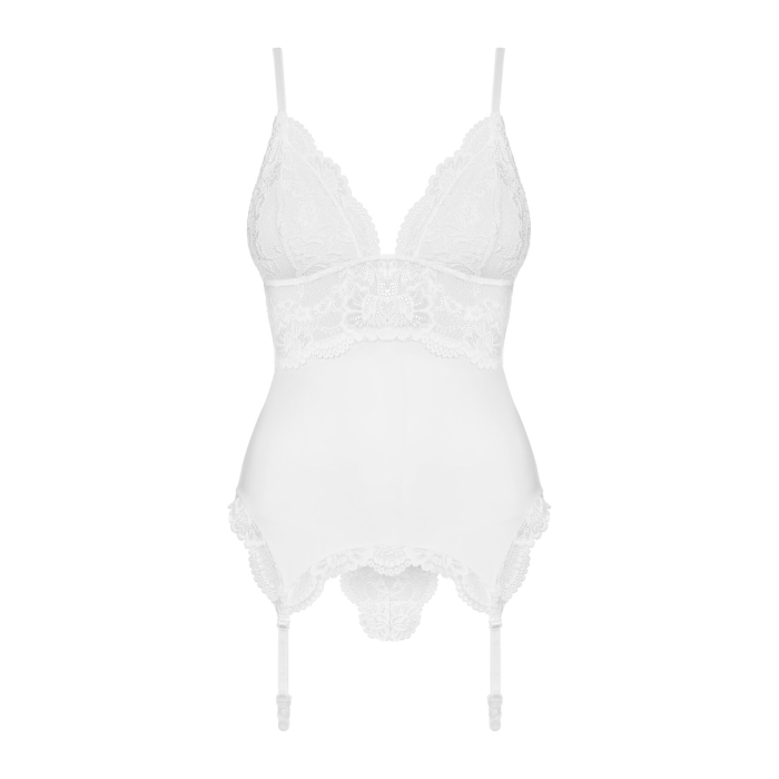 Сатиновий мереживний корсет Obsessive 810-COR-2 babydoll & thong L/XL, білий, корсет, танга