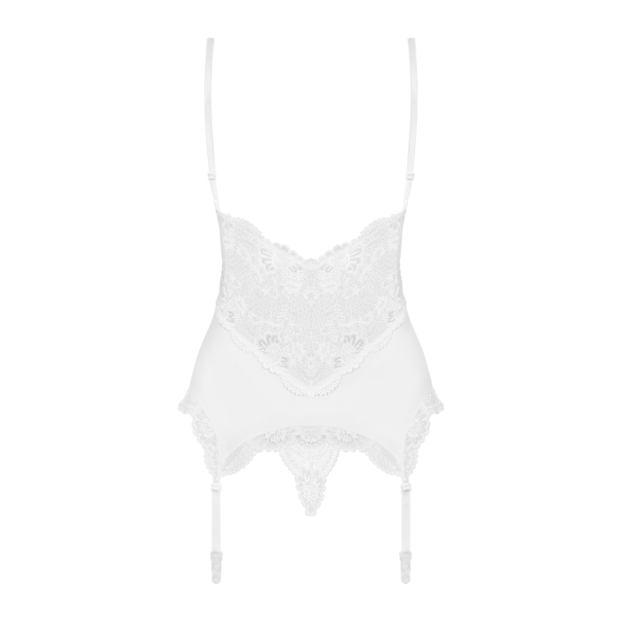 Сатиновий мереживний корсет Obsessive 810-COR-2 babydoll & thong L/XL, білий, корсет, танга