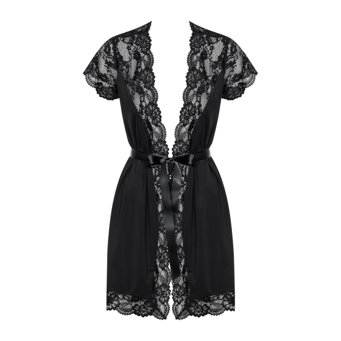 Сатиновий відкритий пеньюар на поясі Obsessive 810-PEI–1 peignoir black L/XL, чорний