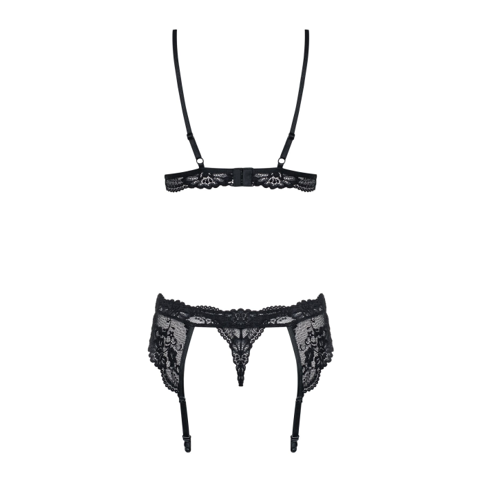 Мереживний комплект білизни Obsessive 810-SEG-1 L/XL Black, бюстгальтер, стрінги, пояс для панчіх