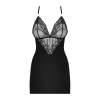 Сатиновий комплект для сну з мереживом Obsessive 828-CHE-1 chemise & thong S/M, чорний, сорочка, стр