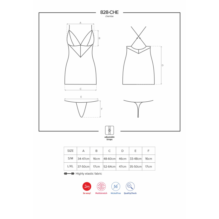 Сатиновий комплект для сну з мереживом Obsessive 828-CHE-1 chemise & thong S/M, чорний, сорочка, стр