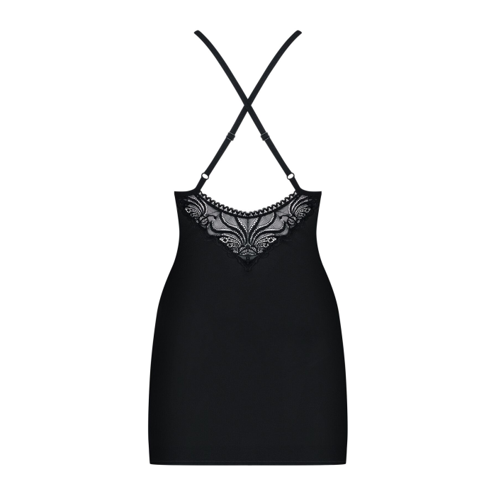Сатиновий комплект для сну з мереживом Obsessive 828-CHE-1 chemise & thong L/XL, чорний, сорочка