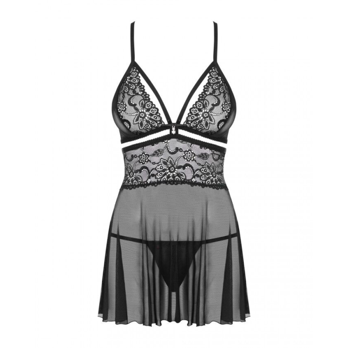 Еротичний мереживний комплект із сіточкою Obsessive 838-BAB-1 babydoll & thong black XXL, чорний, пе
