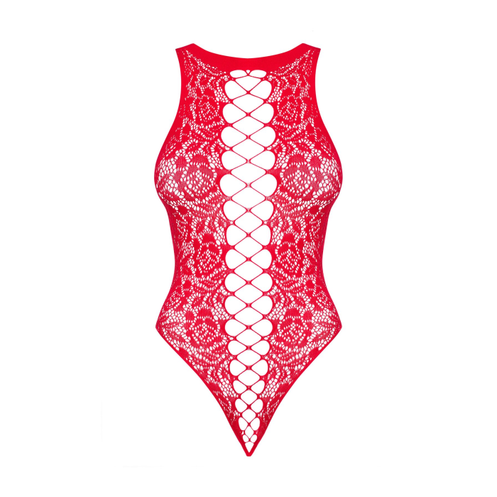 Ажурний бодістокінг із ефектом шнурівки Obsessive B120 teddy red S/M/L, червоний