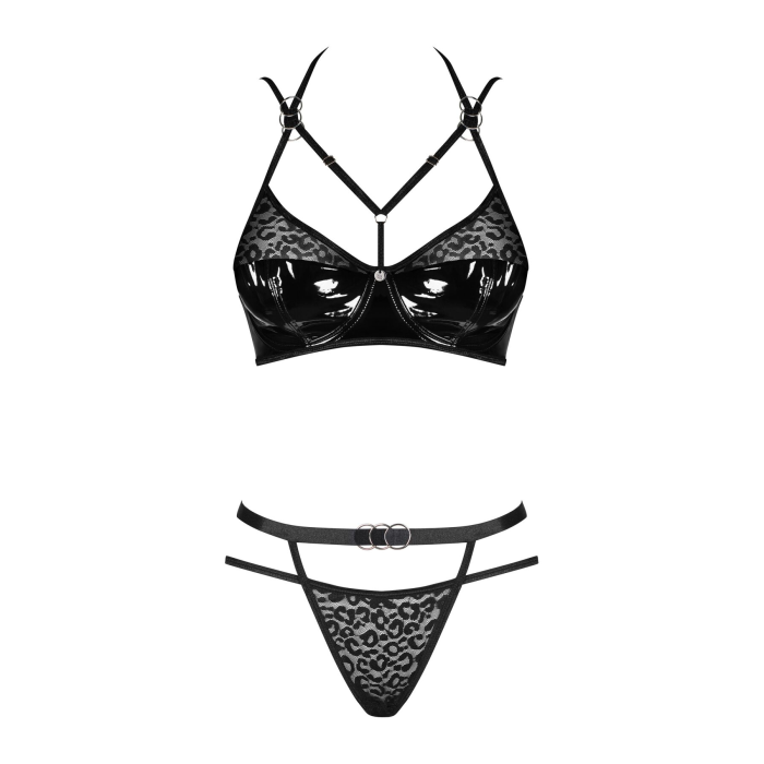 Еротичний комплект під латекс зі стрепами Obsessive Bagirela 2-pcs set L/XL, чорний, під леопард, бю