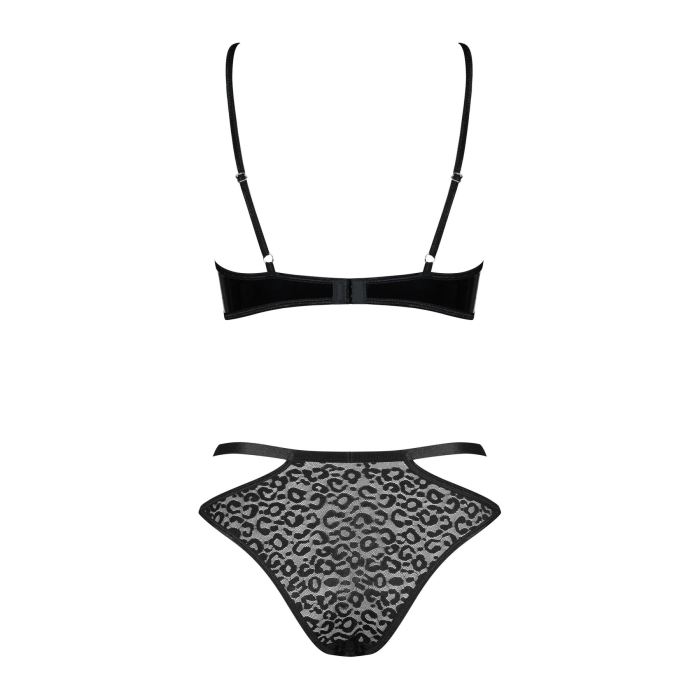 Еротичний комплект під латекс зі стрепами Obsessive Bagirela 2-pcs set L/XL, чорний, під леопард, бю