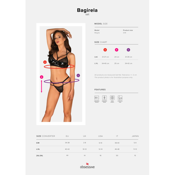 Еротичний комплект під латекс зі стрепами Obsessive Bagirela 2-pcs set L/XL, чорний, під леопард, бю