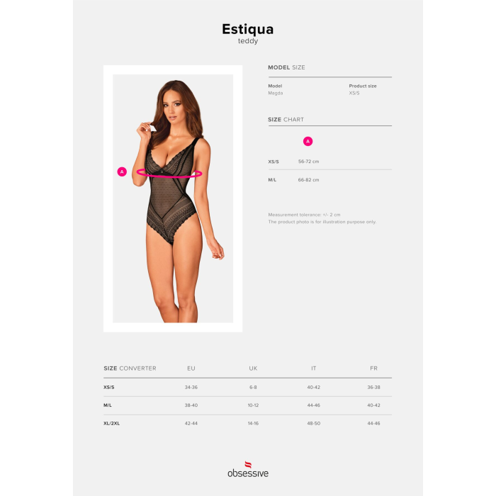 Мереживне боді з декольте Obsessive Estiqua teddy M/L, чорне, широкі лямки