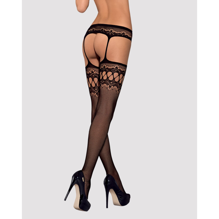 Панчохи-стокінги із комбінованою сіткою Obsessive Garter stockings S214 S/M/L, чорні