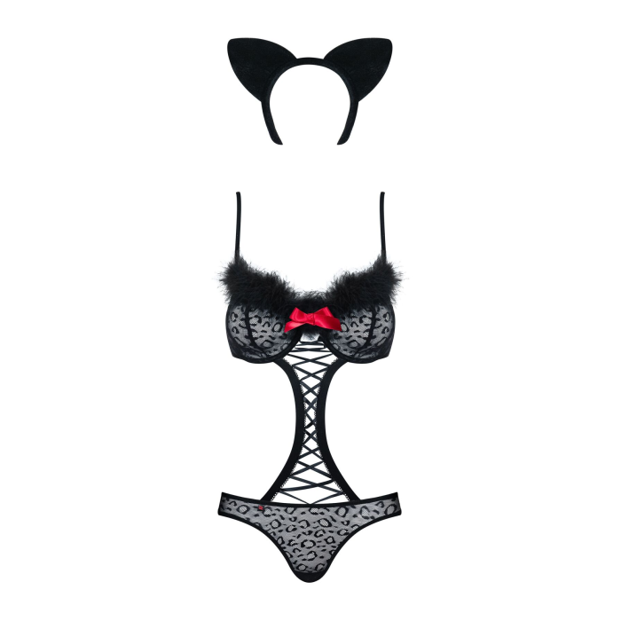 Еротичний костюм гепарду Obsessive Gepardina 3 pcs costume L/XL, чорний, хутряне оздоблення, монокін