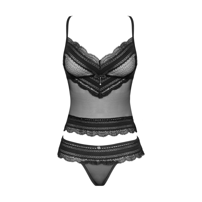 Напівпрозорий набір з прикрасами Obsessive Ivannes top & thong L/XL, чорний, топ та танга