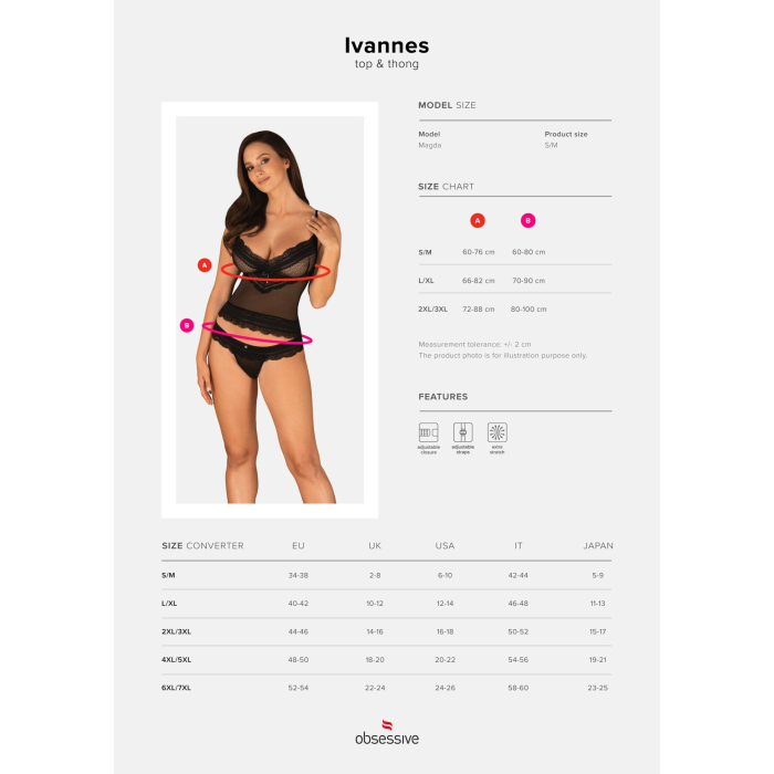 Напівпрозорий набір з прикрасами Obsessive Ivannes top & thong L/XL, чорний, топ та танга