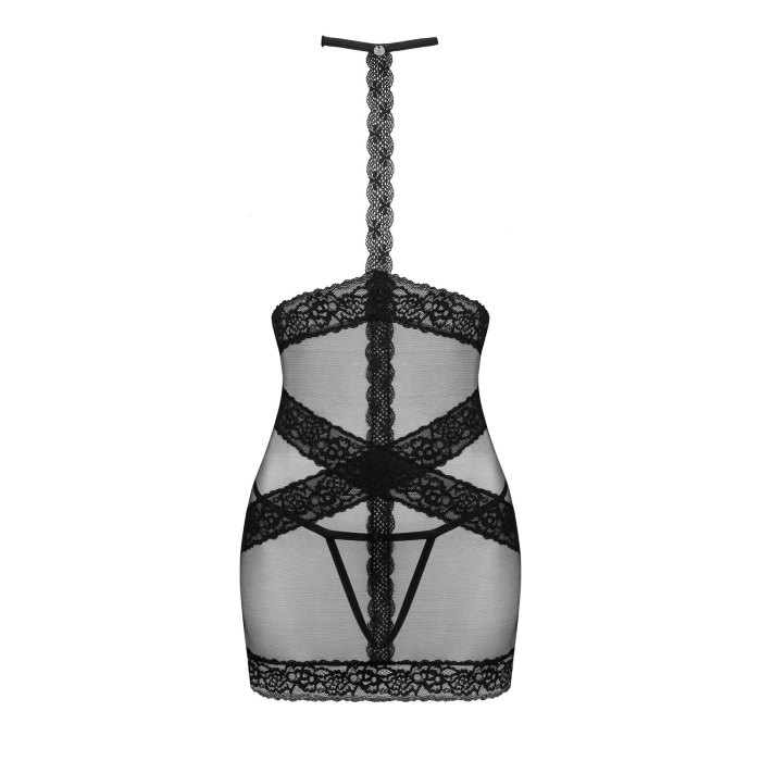 Напівпрозора сорочка з відкритими грудьми Obsessive Lacrisia chemise XL/2XL, чорна, з чокером