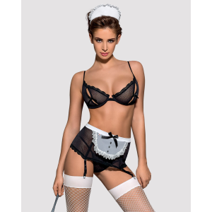 Еротичний костюм покоївки Obsessive Maidme set 5pcs S/M, бюстгальтер, пояс з фартухом, панчохи