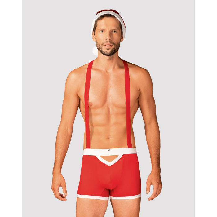 Чоловічий еротичний костюм Санта-Клауса Obsessive Mr Claus S/M, боксери на підтяжках, шапочка з помп