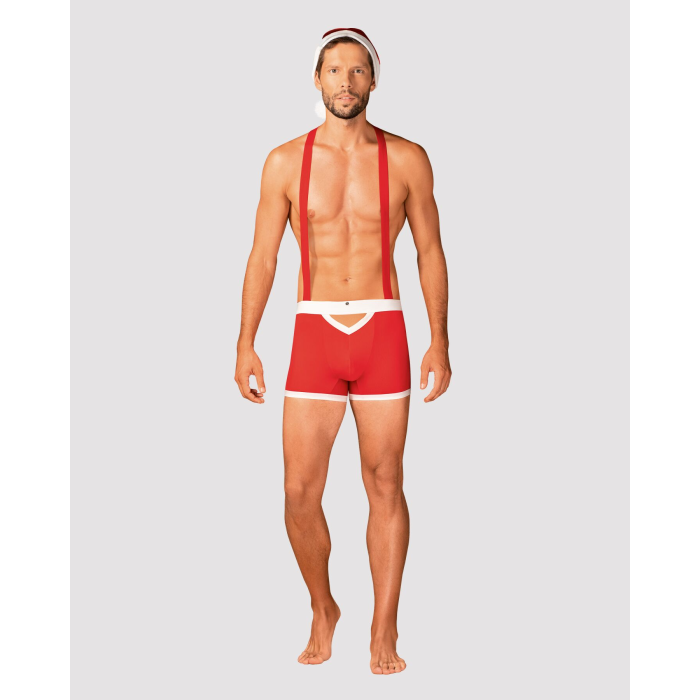 Чоловічий еротичний костюм Санта-Клауса Obsessive Mr Claus 2XL/3XL, боксери на підтяжках, шапочка з