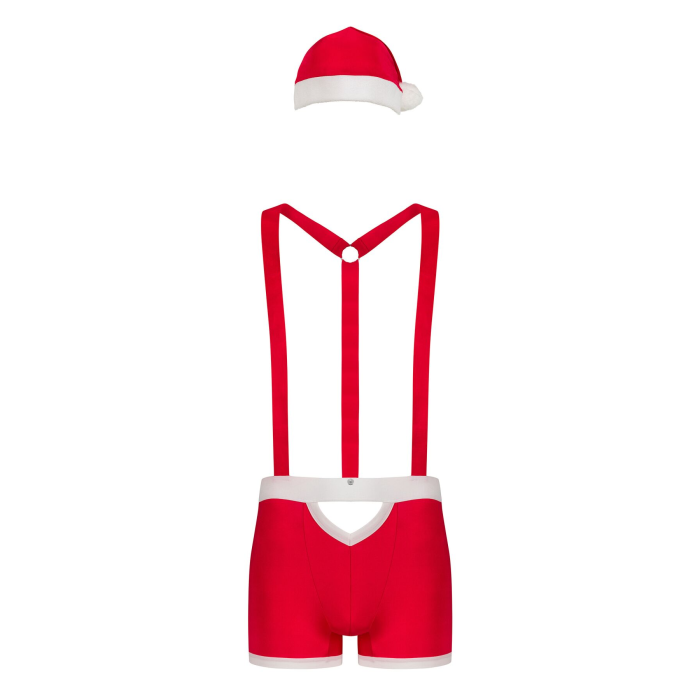 Чоловічий еротичний костюм Санта-Клауса Obsessive Mr Claus 2XL/3XL, боксери на підтяжках, шапочка з