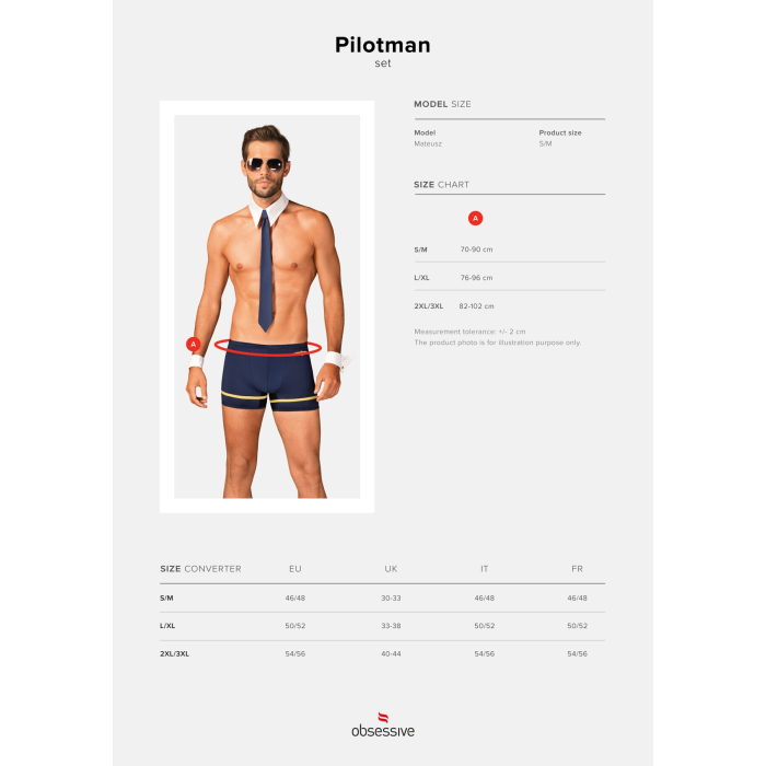 Еротичний костюм пілота Obsessive Pilotman set 2XL/3XL, боксери, манжети, комір з краваткою, окуляри