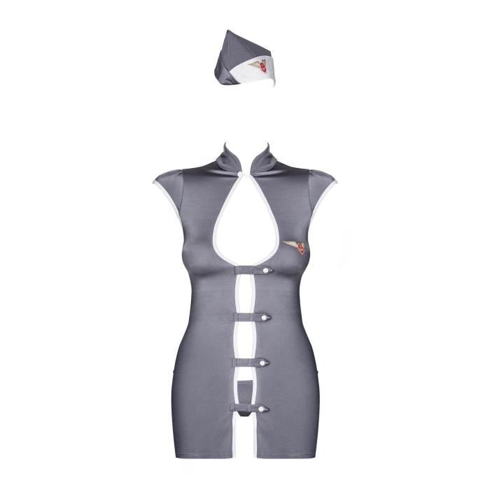 Еротичний костюм стюардеси Obsessive Stewardess 3 pcs grey S/M, сірий, сукня, стрінги, пілотка