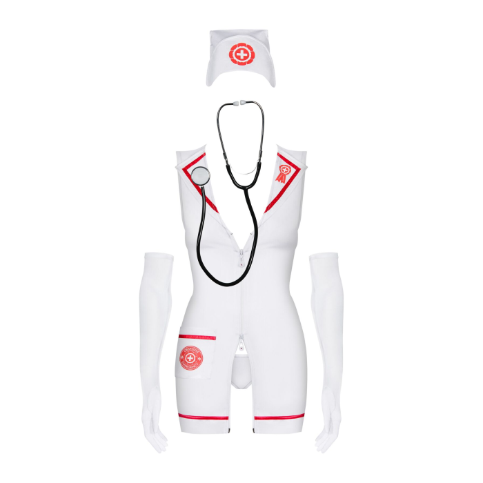 Еротичний костюм медсестри Obsessive Emergency dress S/M, white, сукня, стринги, рукавички, чепчик, стетоскоп