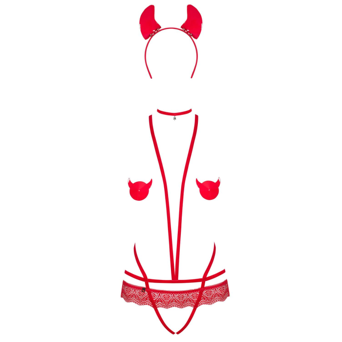 Еротичний костюм чортика зі стреп Obsessive Evilia teddy red S/M, боді, чокер, накладки на соски, обруч з ріжками