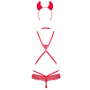 Еротичний костюм чортика зі стреп Obsessive Evilia teddy red S/M, боді, чокер, накладки на соски, обруч з ріжками