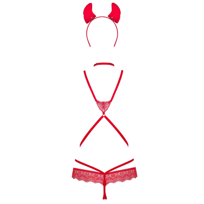 Еротичний костюм чортика зі стреп Obsessive Evilia teddy red S/M, боді, чокер, накладки на соски, обруч з ріжками