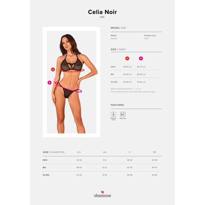 Напівпрозорий комплект Obsessive Celia Noir 2-pcs set XS/S, бюстгальтер, стрінги