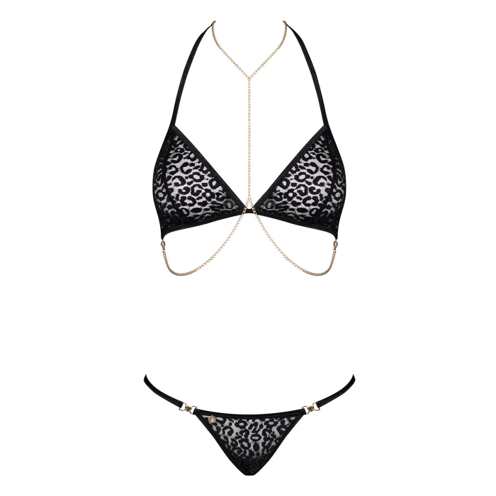 Комплект із ланцюжками Obsessive Pantheria 2-pcs set black S/M, бюстгальтер, трусики