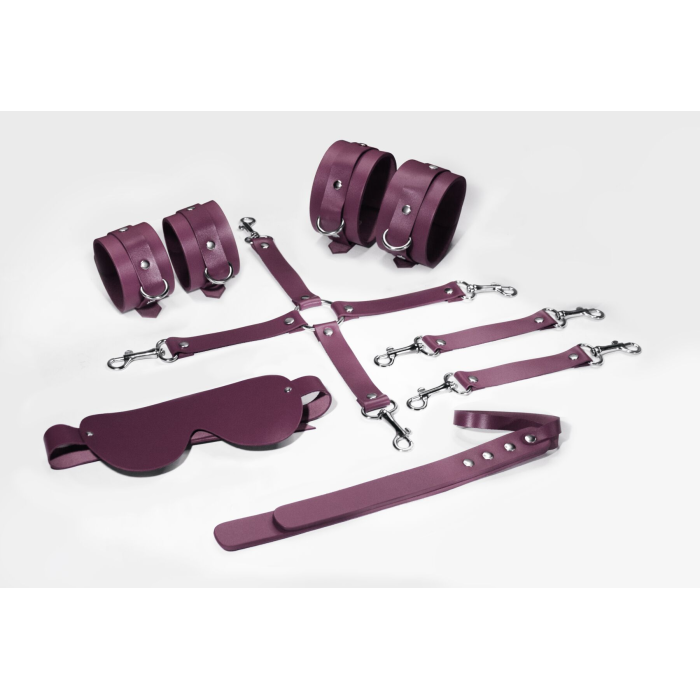 Набір Feral Feelings BDSM Kit 5 Burgundy, наручники, поножі, хрестовина, маска, падл