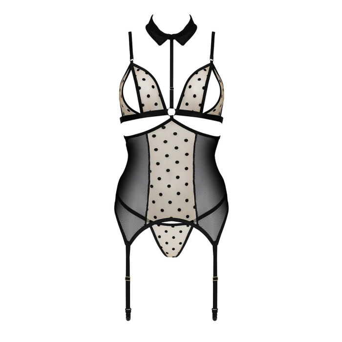 Корсет з відкритими грудьми Passion DOMINICA CORSET L/XL beige, пажі для панчіх, стрінги