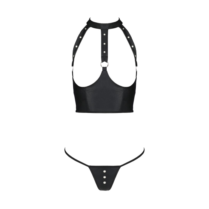 Комплект білизни з відкритими грудьми Passion GENEVIA SET WITH OPEN BRA XXL/XXXL black, корсет, стрі