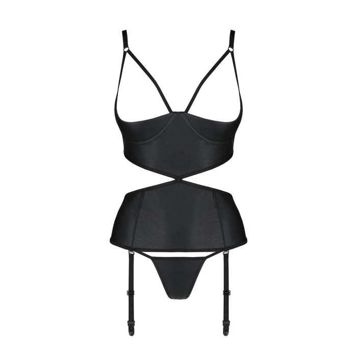 Корсет з відкритими грудьми Passion JANNIES CORSET XXL/XXXL black, стрінги в наборі